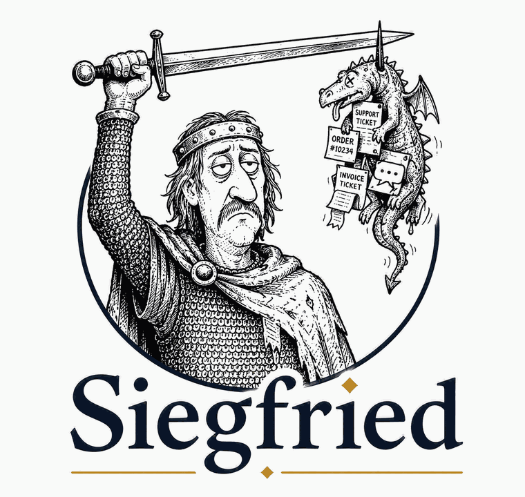 Siegfried, a weary knight, holds up a sword with a small defeated dragon on it. The dragon is made of support tickets, order numbers and invoices.